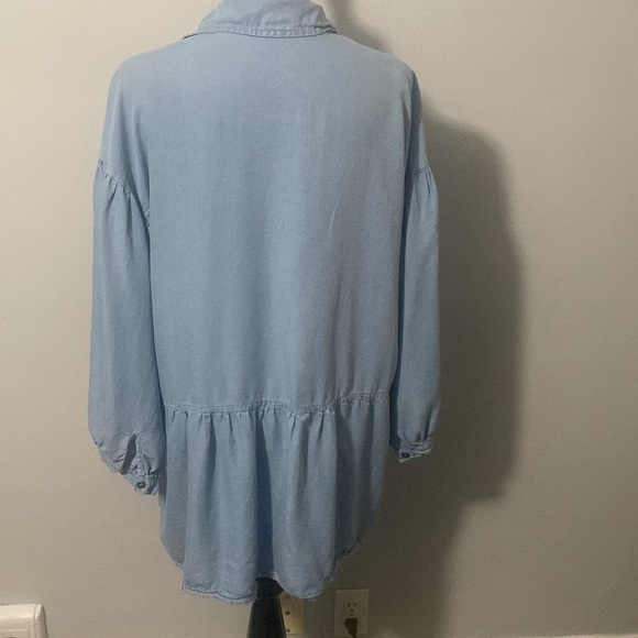 Lght Blue Denim Look Mini Dress Long Top Raw Hem 3/4 Drop Puff Sleeves Tier Back - Picture 6 of 7